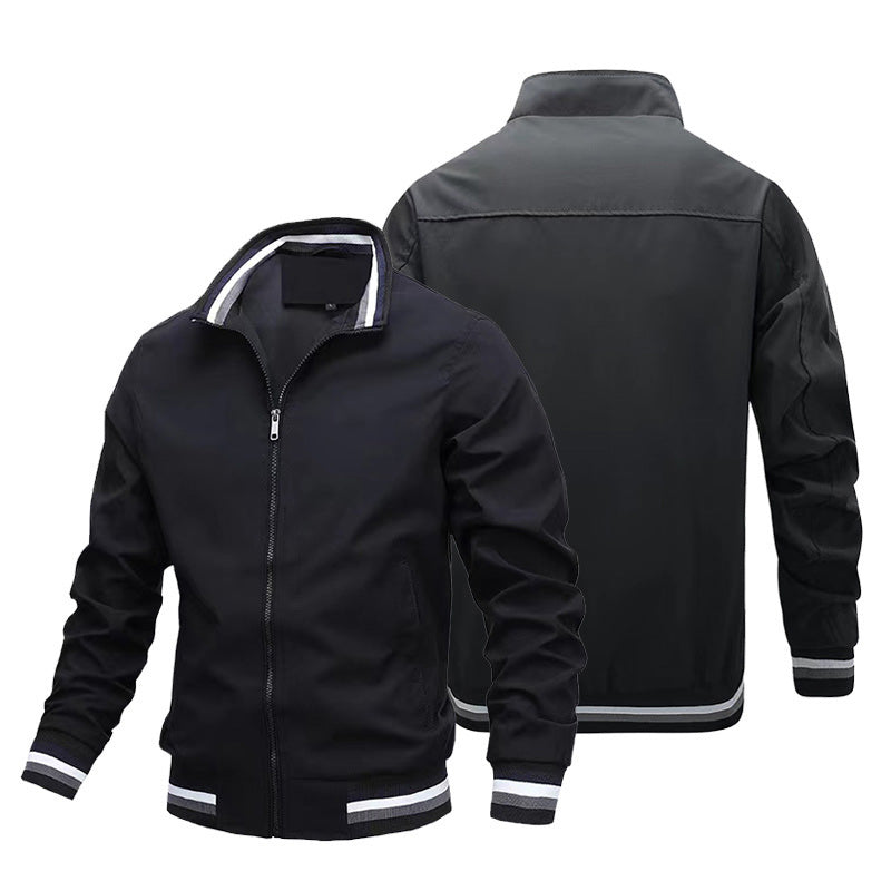 2026 New Men Striped Rib Stand Collar Bomber Jacket Solid Black Zip Up Lightweight Windbreaker Striped Cuff Hem Casual Baseball Coat Outdoor Daily Streetwear Outerwear NorixaFashion.com