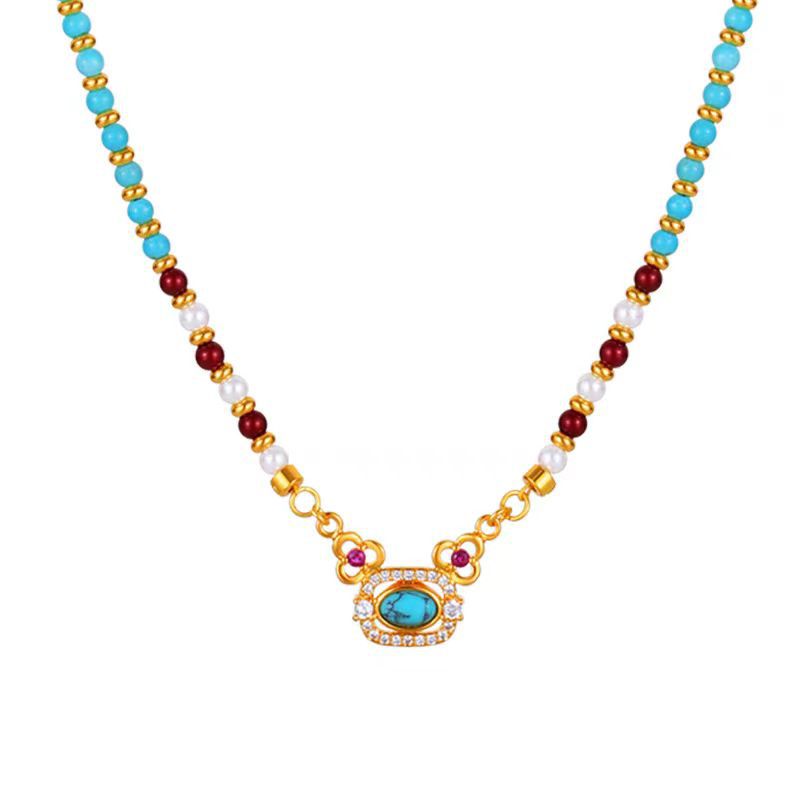 Natural Turquoise Pearl Necklace Chinese Style Traditional Clavicle Necklace LadyShow.Store