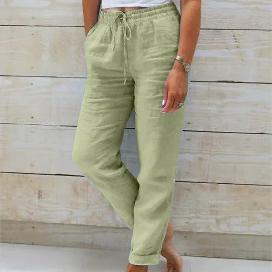 Elastic Waist Solid Cotton Hemp Pants NorixaFashion.com