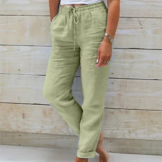 Elastic Waist Solid Cotton Hemp Pants NorixaFashion.com