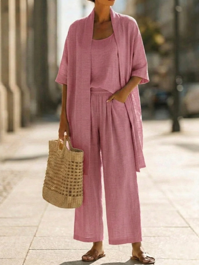 Three-piece Suit Women's Mid-length Cardigan Tank Top And Straight-leg With Pockets Fashion Trousers Set NorixaFashion.com