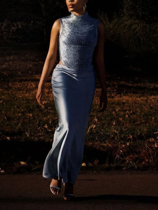 Elegant Sleeveless Tassel-trimmed Zippered Satin Fishtail Maxi Dress Set NorixaFashion.com