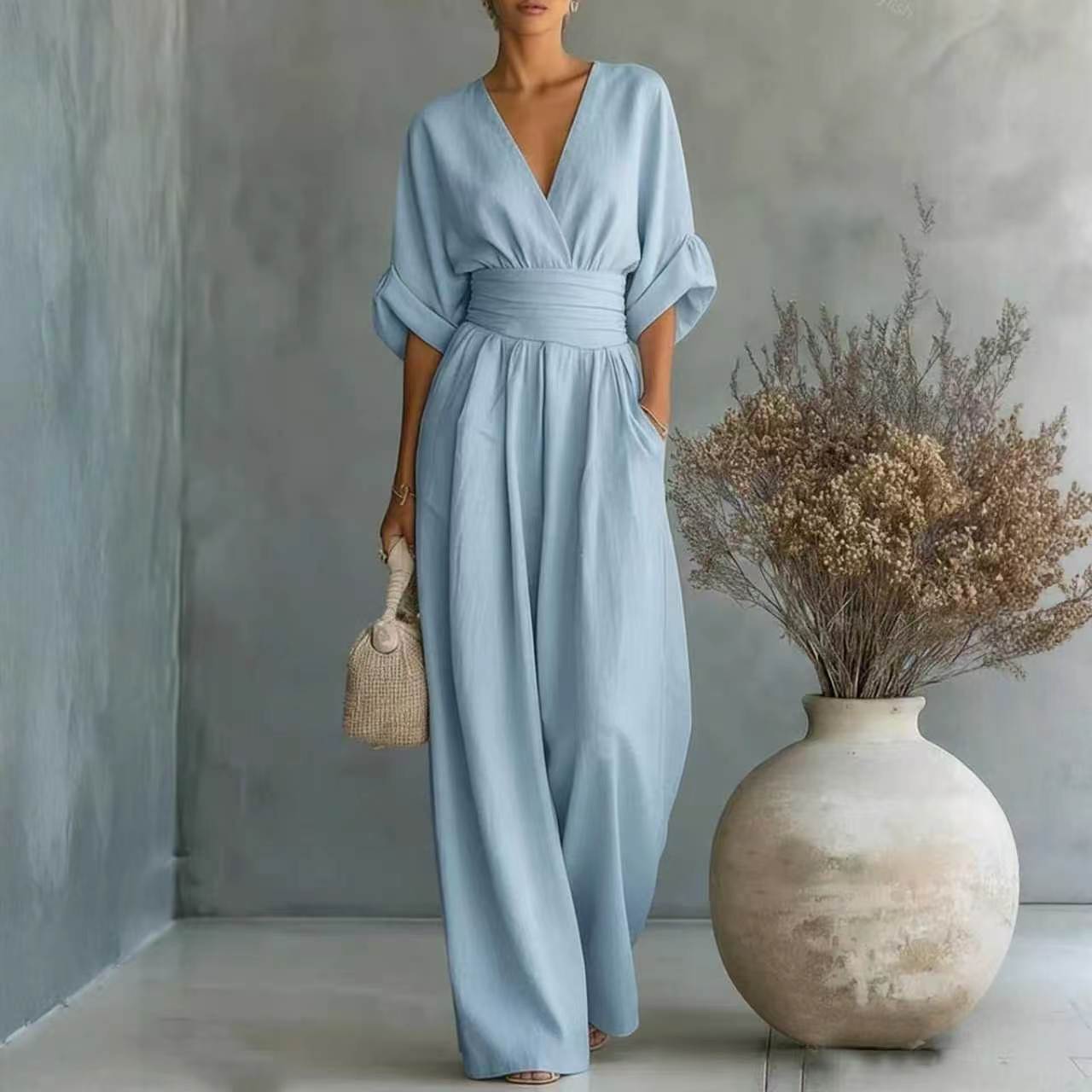 Elegant Waist-cinching V-neck Slimming Chic Jumpsuit For Women NorixaFashion.com