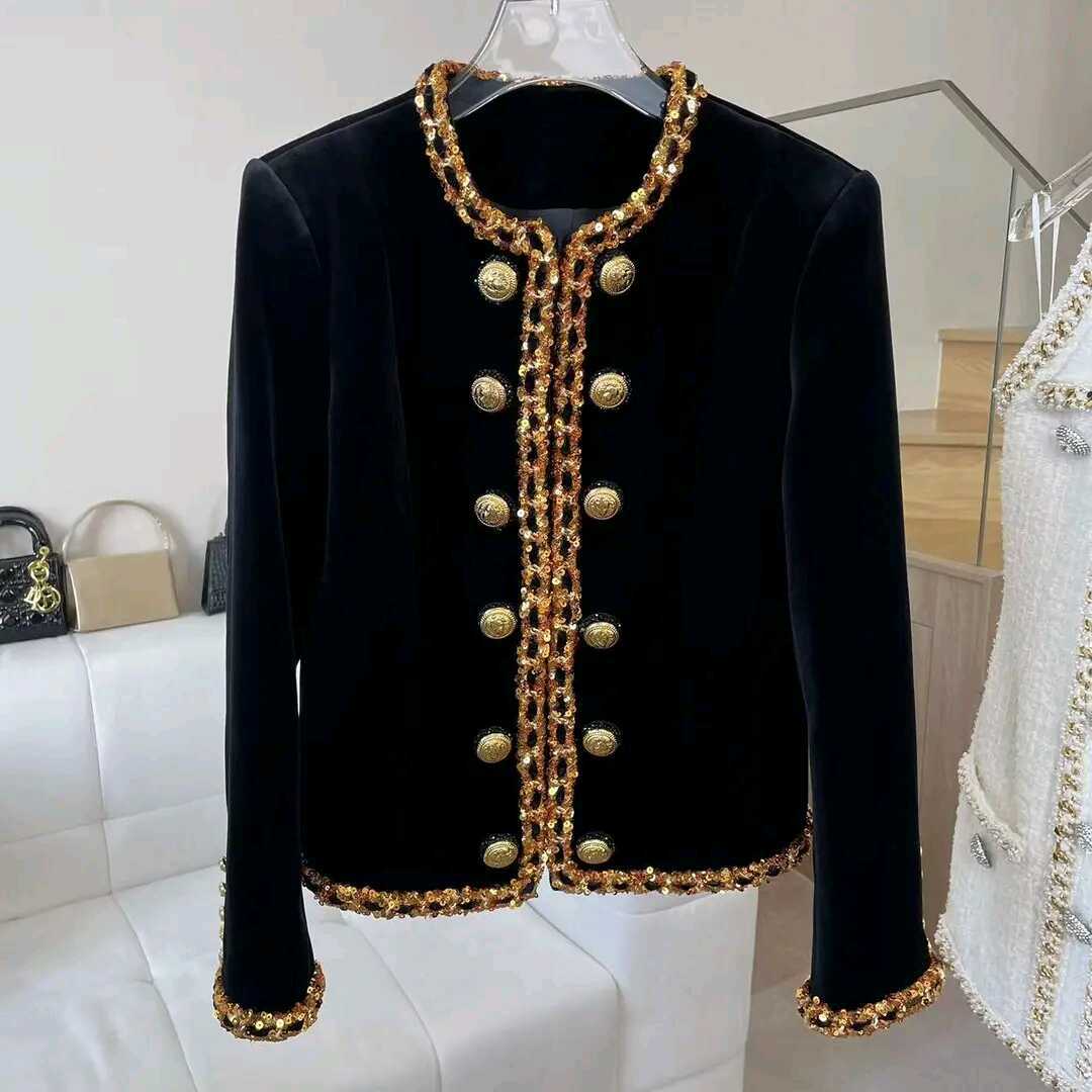 French Retro Heavy Embroidery Sequins Gold Buckle Black Coat Best YouTube Store