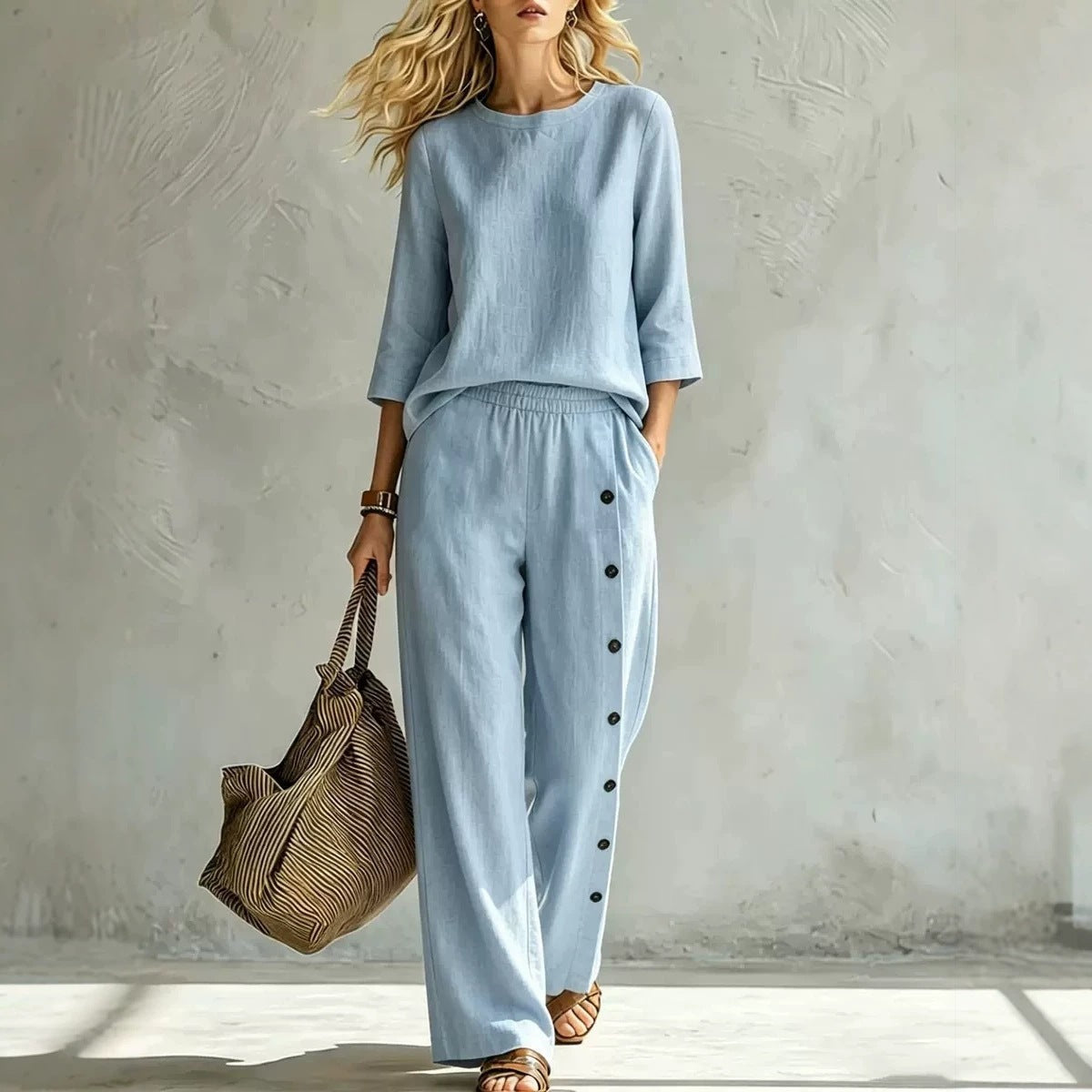 2026 European And American Women's Fashionable Solid Color Buckle Design Casual Loose Two-piece Set NorixaFashion.com