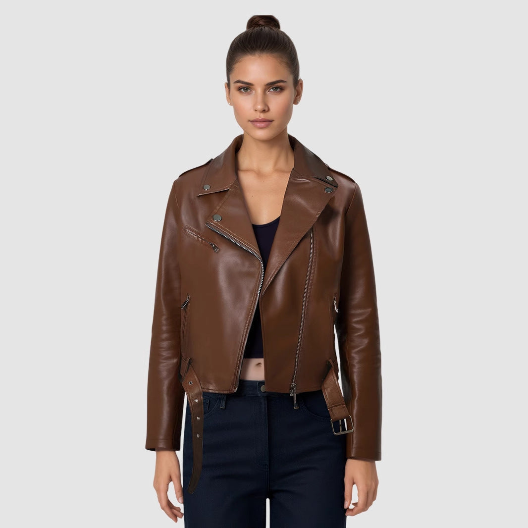 Lapel Short Belt Women's PU Simple Leather Jacket Motorcycle Jacket LadyShow.Store