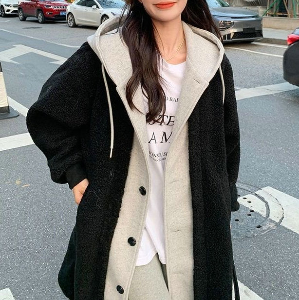 Long Hooded Dress Coat Lambswool All-match Loose Fashionable Jacket LadyShow.Store