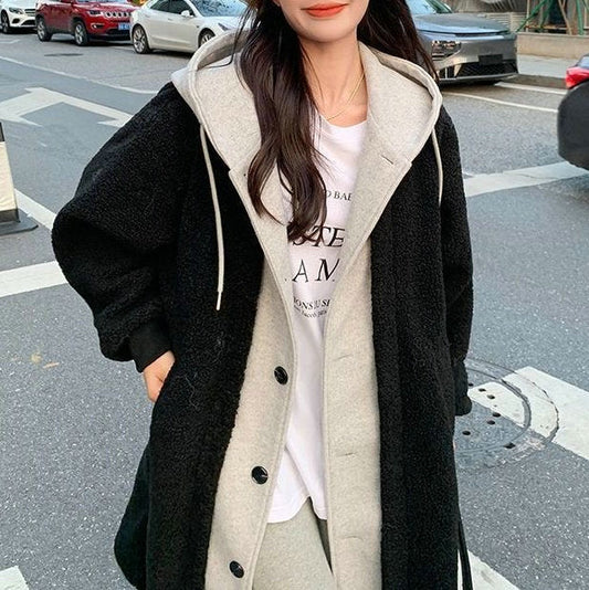 Long Hooded Dress Coat Lambswool All-match Loose Fashionable Jacket LadyShow.Store