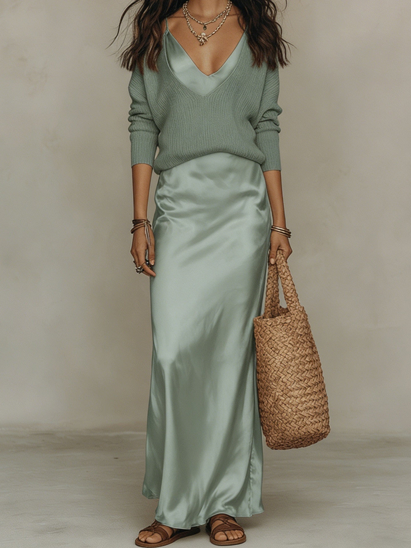 Women's Chic Satin Maxi Dress 2 Pieces Sets Sexy Straps Sleeveless Long Sleeve Top Evening Dresses Elegant New Party Street Gown NorixaFashion.com