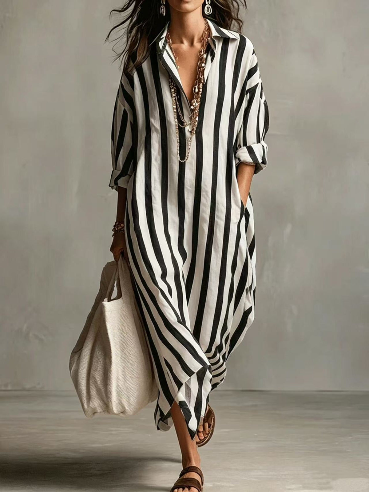2026 Summer New Arrival, Women's Elegant Long Striped Dress With V-Neck NorixaFashion.com