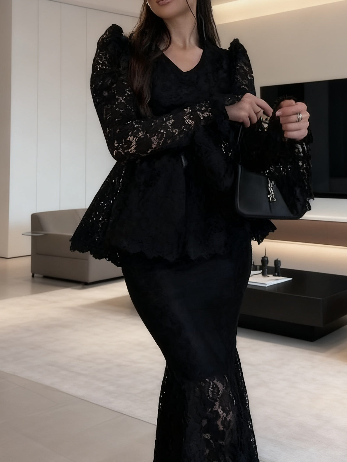 Glamorous Black Lace Peplum Top & Midi Skirt Set NorixaFashion.com