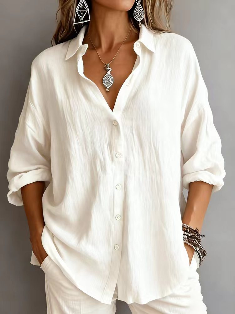 Fashionable Solid-color Long-sleeve Lapel Cardigan Shirt NorixaFashion.com