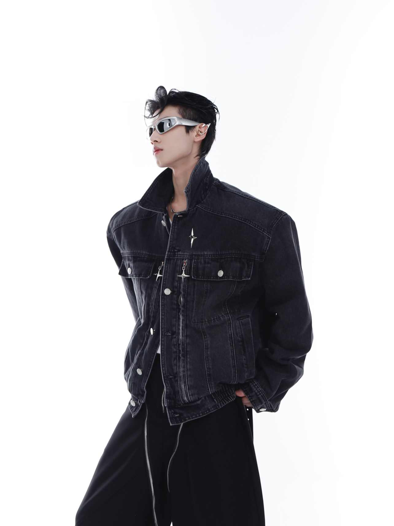 Heavy Washed Padded Shoulder Denim Coat Metal Zipper Jacket LuxuryLifeWay Online Store