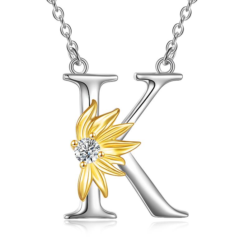 Sterling Silver Initial Alphabet Sunflower A Letter Script Name Pendant Necklace LadyShow.Store