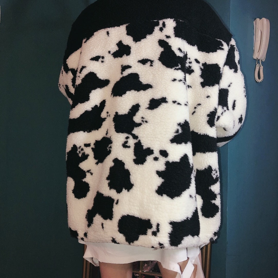 Oversized Cow Print Plush Cotton Jacket for All Pi-Mart