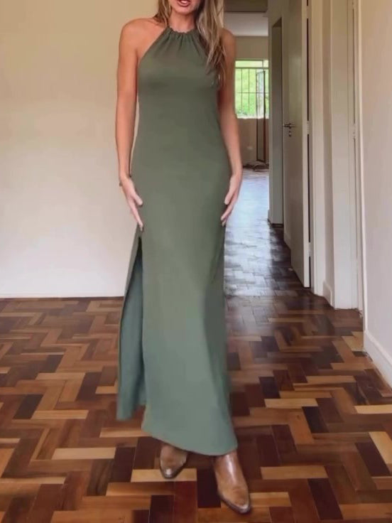 Halter Neck Open Back Slit Dress NorixaFashion.com