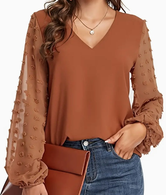Swiss Dot V Neck Shirt - Soft, Breathable, Casual Solid Shirt For Spring And Fall Season, Women's Clothing With Relaxed Fit And Classic Style NorixaFashion.com