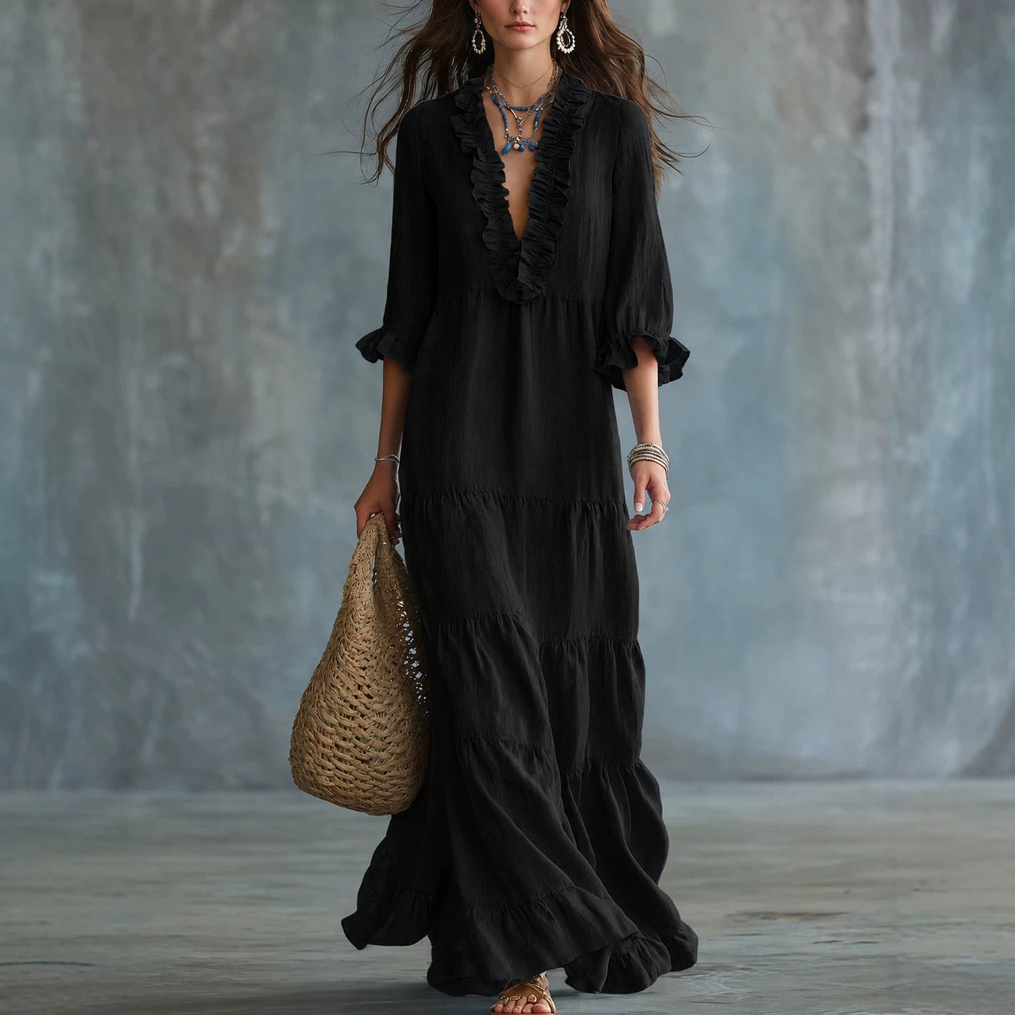 Womens V-neck Layered Casual Flowing Maxi Dress With Ruffled Hem NorixaFashion.com