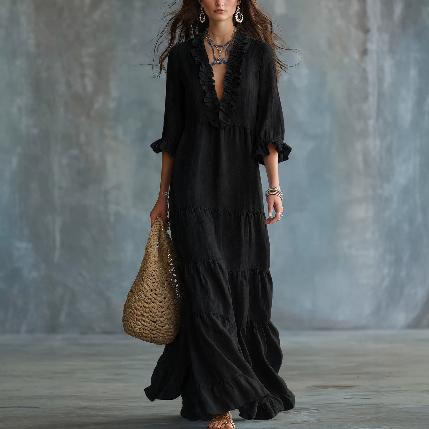 Womens V-neck Layered Casual Flowing Maxi Dress With Ruffled Hem NorixaFashion.com