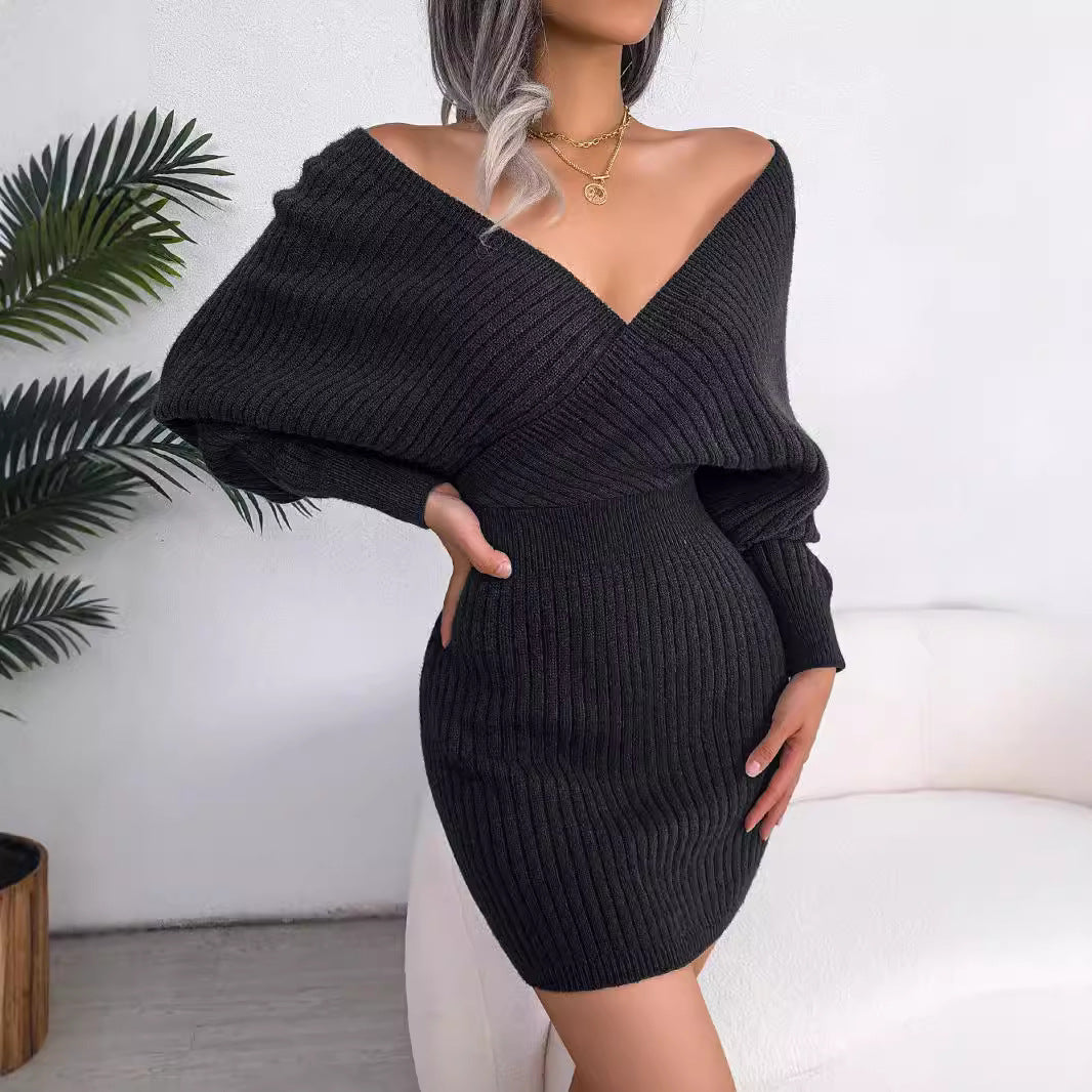 2026 Autumn Winter Sexy Cross V Neck Bat Skirt With Hip Wrapping, Hairy Dress NorixaFashion.com