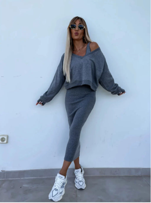 Women's Two Piece Dress Suit Fashion Long-sleeved  V-neck Pullover Sweatshirt And Sleeveless Dresses Set LadyShow.Store