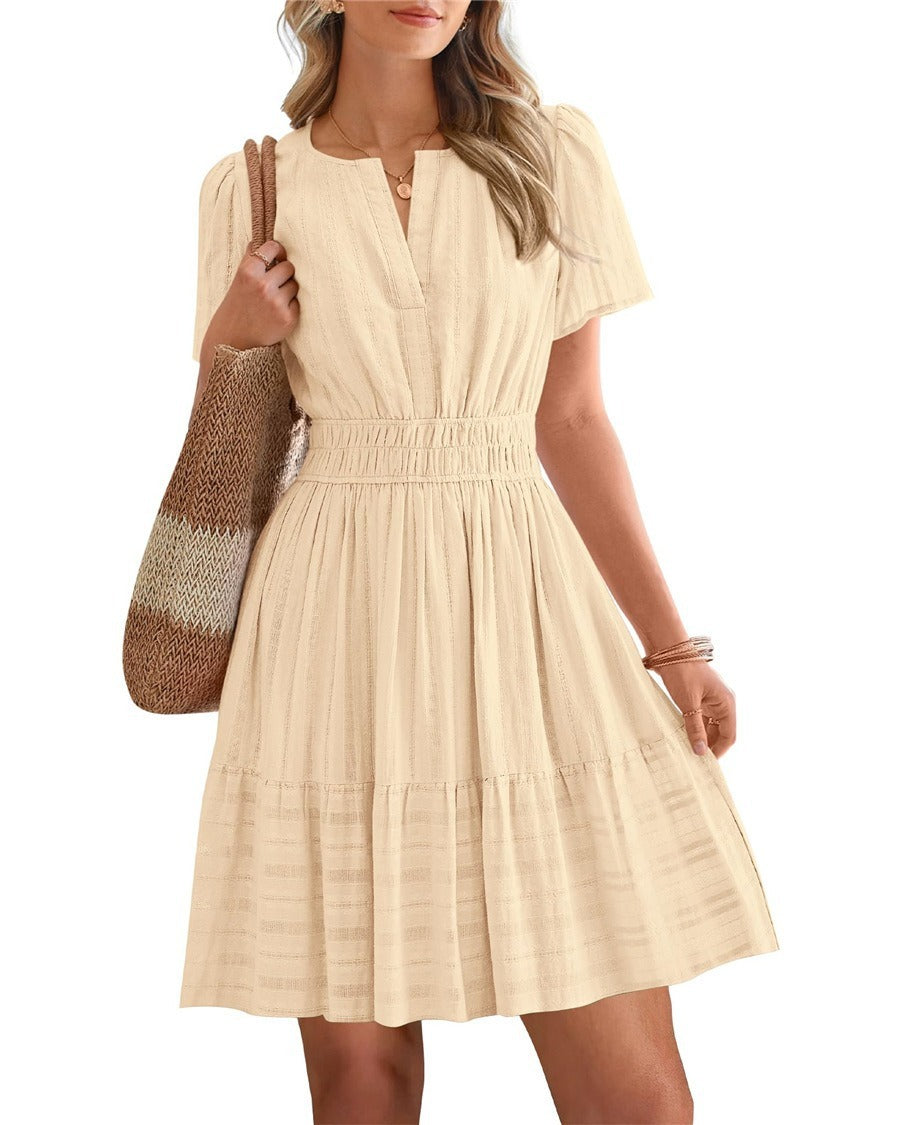 2026 Hot Sale Spring Summer Women's Solid Color V Neck Ruched Puff Sleeve Short Dress NorixaFashion.com