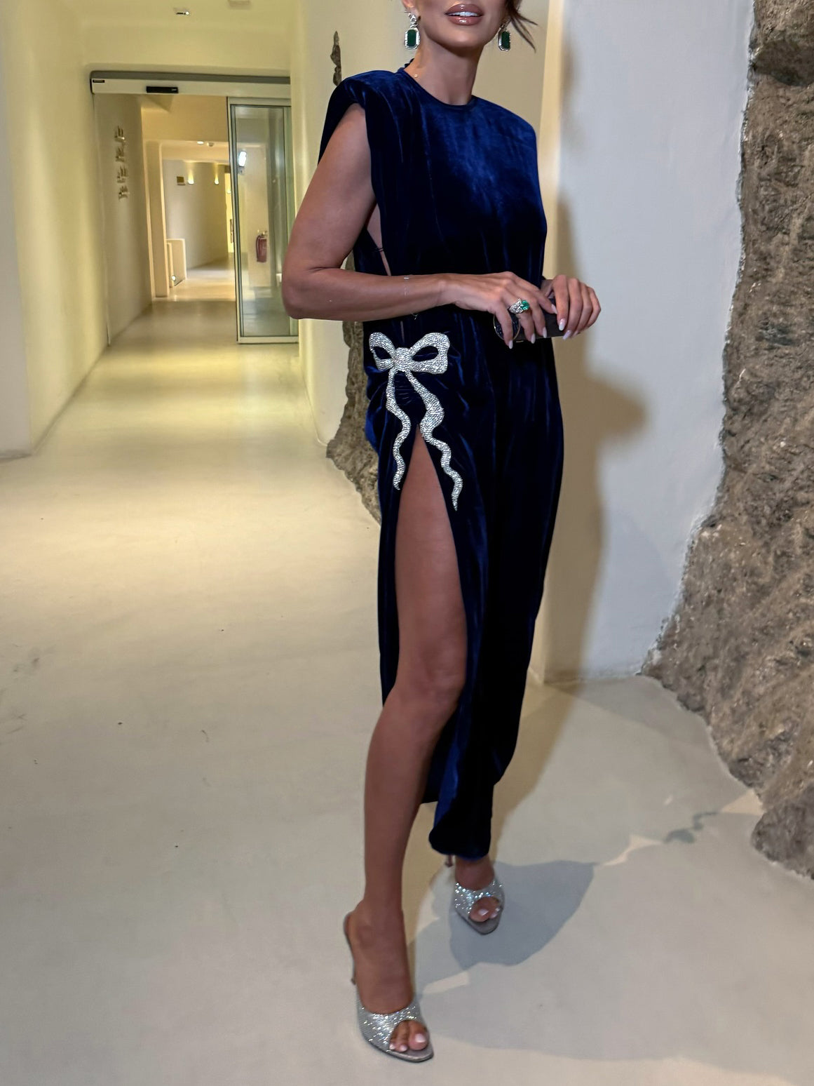 Navy Blue Velvet Gown With White Bow And High Slit Detail NorixaFashion.com