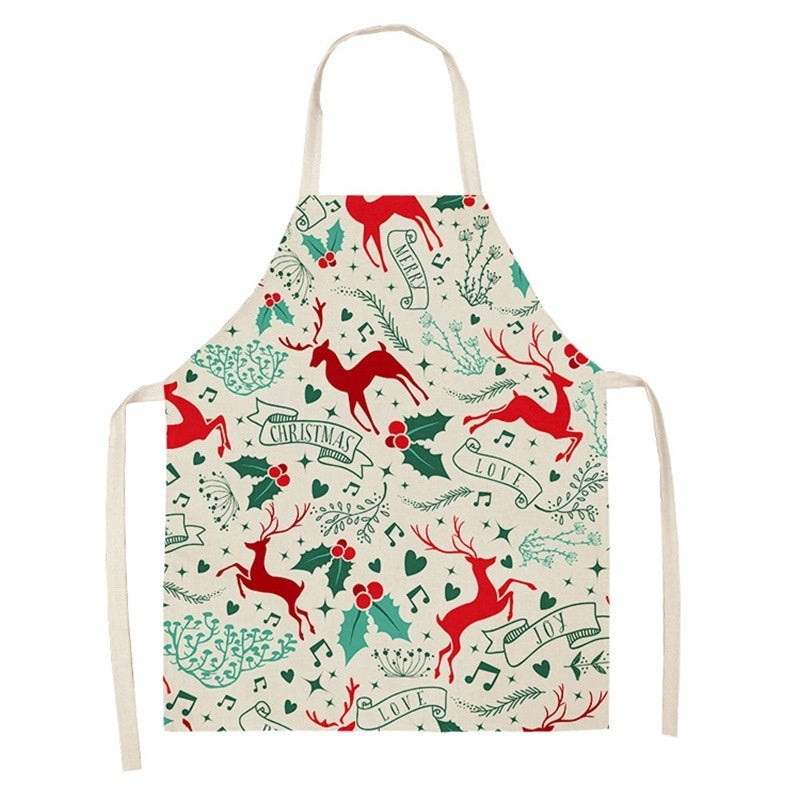 Christmas Deer Art Pattern Female Cleaning Home Cooking Kitchen Apron Chef Ear Cotton Linen PearlNestDecor.com