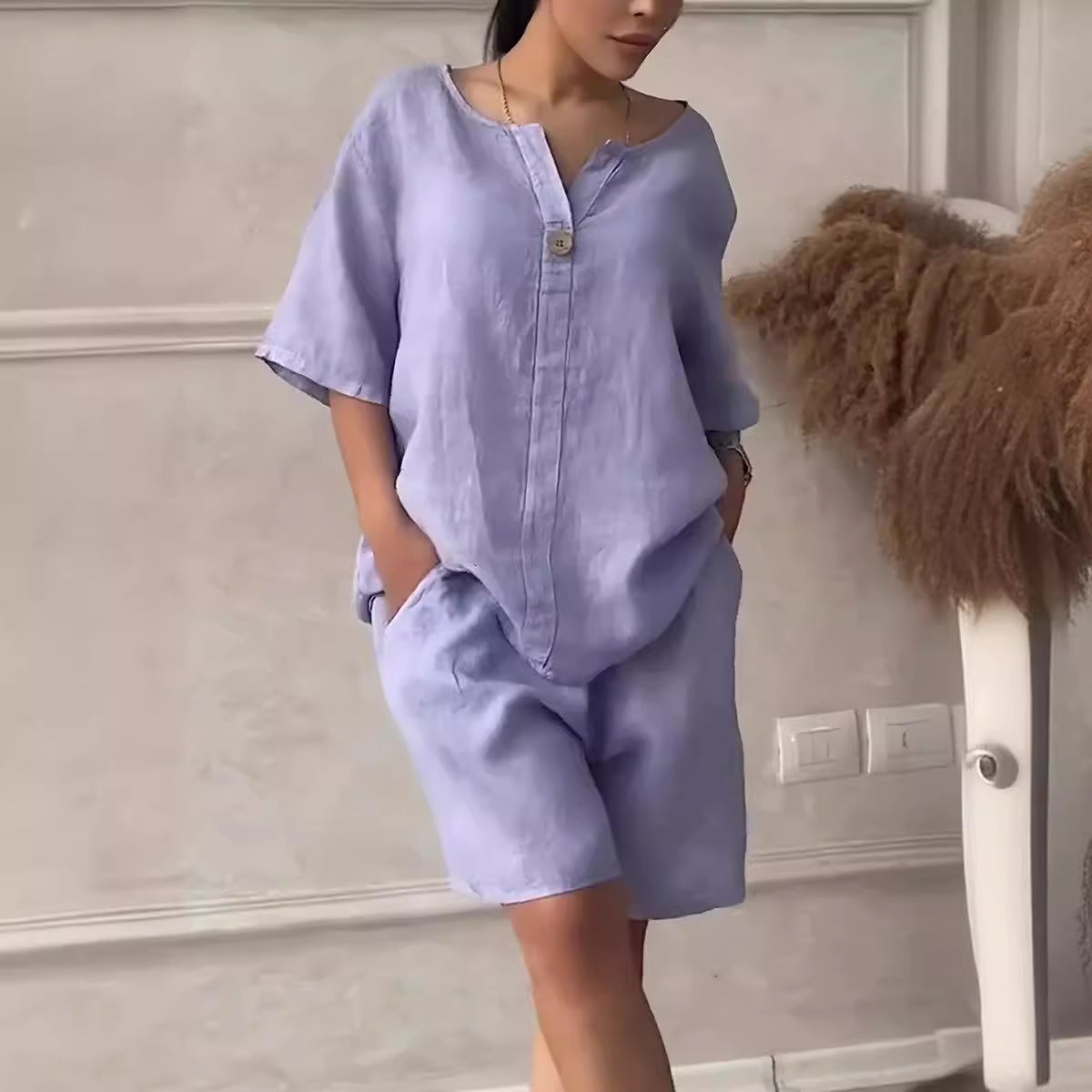 Cotton-linen Shirt Set With High-waisted Loose Shorts For Women LadyShow.Store