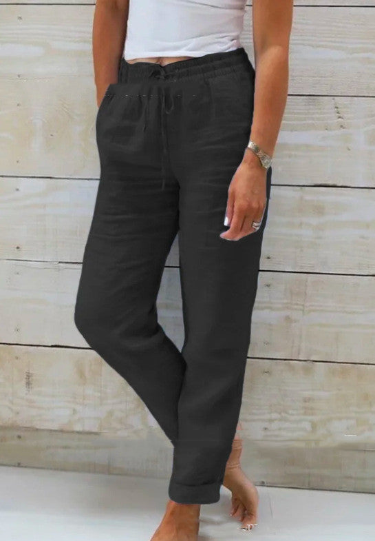 Elastic Waist Solid Cotton Hemp Pants NorixaFashion.com