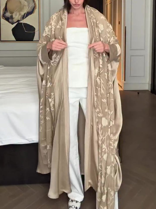 Light Beige Satin Floral Jacquard Pleated Longline Kimono Cardigan NorixaFashion.com
