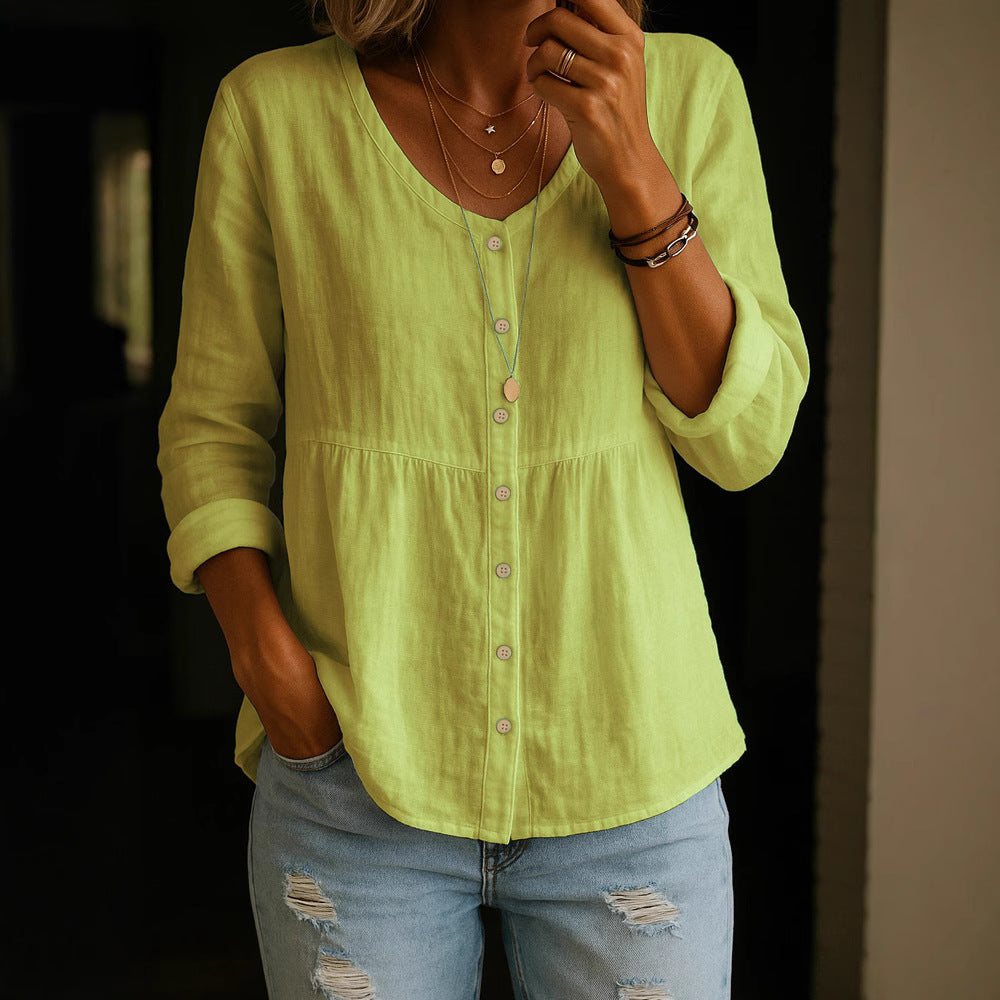 Casual Loose Fashion Cotton And Linen Long Sleeve V-neck Buttons Shirt NorixaFashion.com