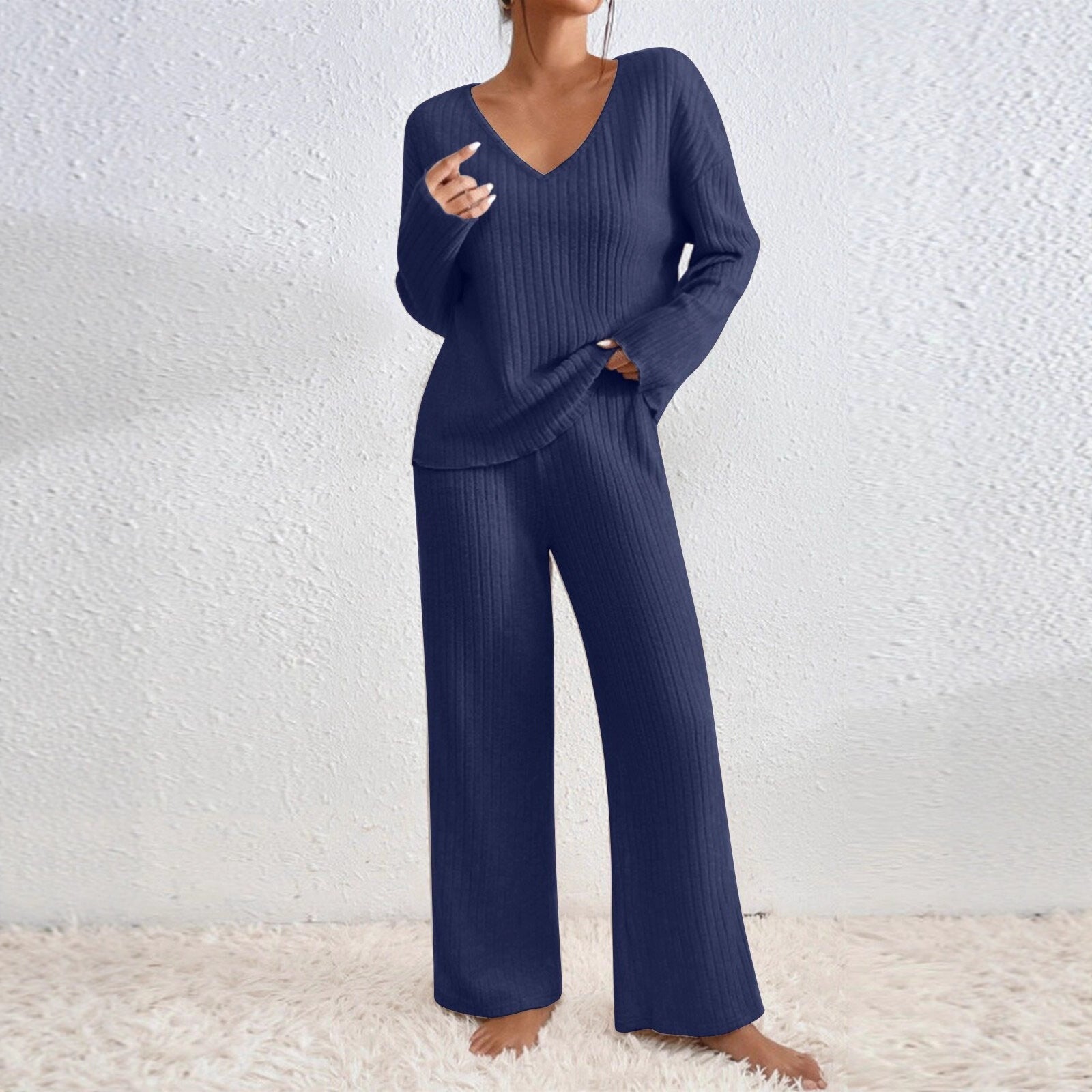 Long Sleeve V-neck Knitted Sunken Stripe Brushed Loose Leisure Suit LadyShow.Store