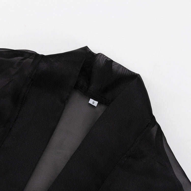 Black Sheer Puff Sleeve V-neck Tie-front Top NorixaFashion.com