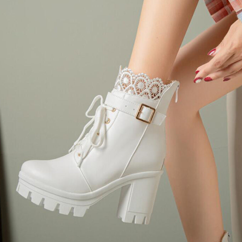 Lace Ankle Boots Lace-up Square Heeled Shoes Women White Black Boots LadyShow.Store