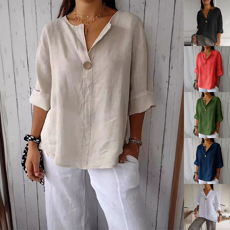 V-neck Long-sleeved T-shirt Fashion Loose Cotton And Linen Button Tops For Women NorixaFashion.com