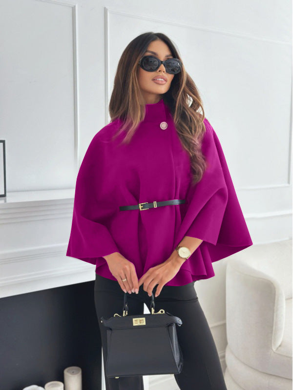 New Stand Collar Batwing Sleeves Cloak Top With Belt Ins Fashion Temperament Jacket Woolen Sweater Outwear For Women Clothing LadyShow.Store