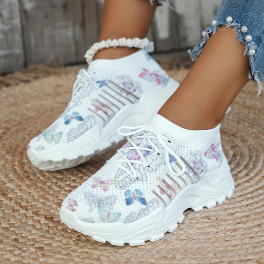 Butterfly Print Mesh Sneakers Women's Flat Heel Casual Shoes Fashion Running Jogging Walking Sports Shoes CJD