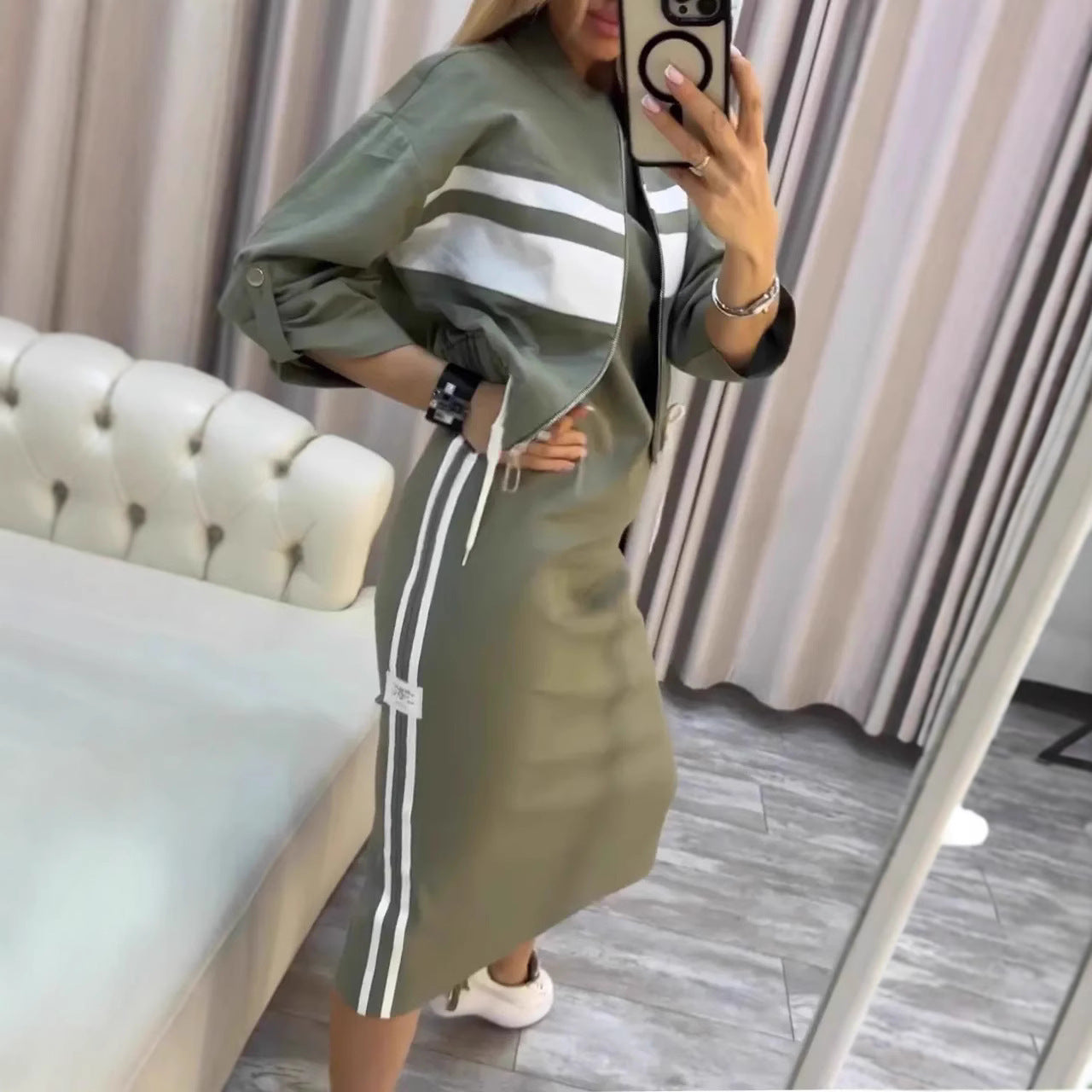 Casual Zipper White Stripe Edge Jacket Coat Dress Women's Suit LuxuryLifeWay Online Store