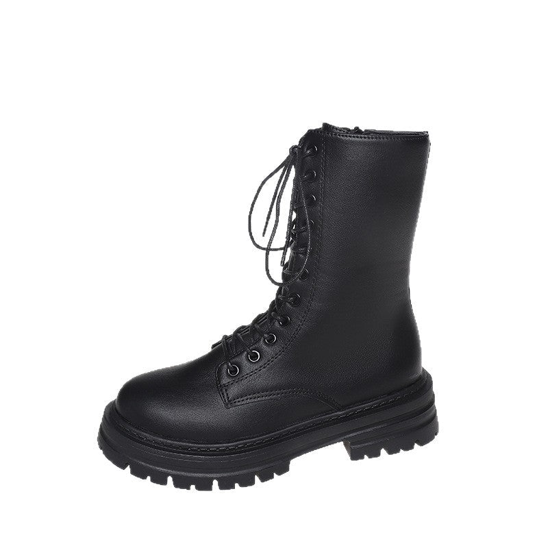 Autumn And Winter New Round Head Lace-up British Style Thick Bottom Mid-calf Martin Boots Women LadyShow.Store
