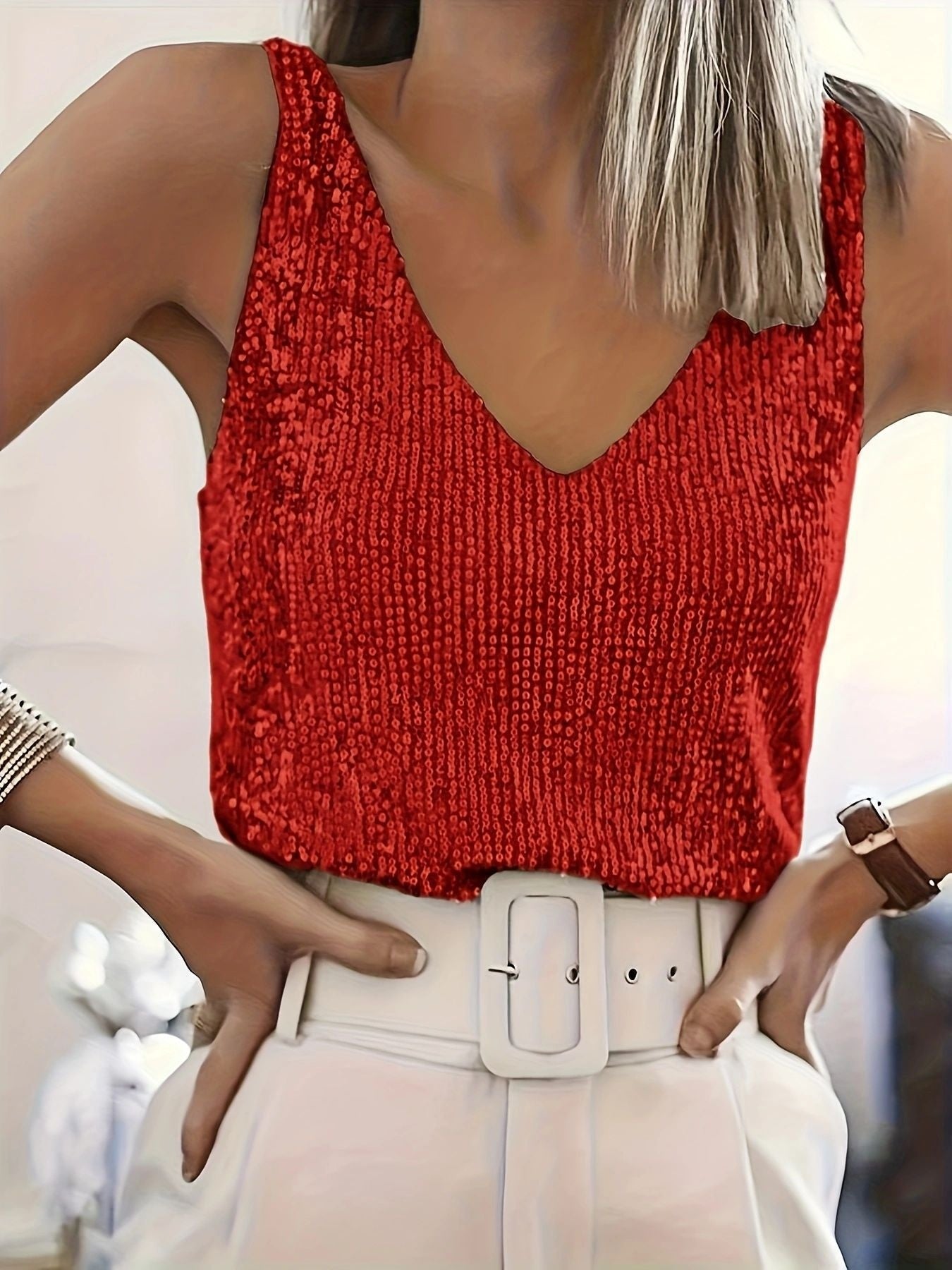 Sequin Summer Light Mature Sexy V Neck Womens Tank Top NorixaFashion.com