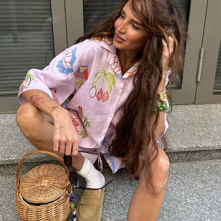 Tropical Print Linen Blend Shirt & Shorts Co-ord Set NorixaFashion.com
