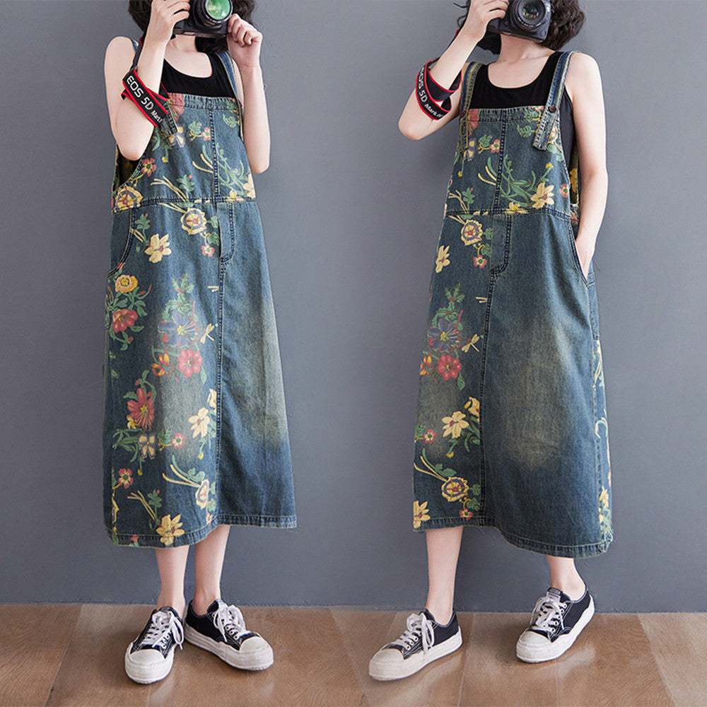 Women's Plus Size Retro Age-reducing Denim Print Suspender Skirt LadyShow.Store