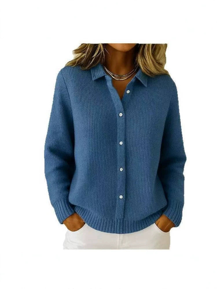 2026 New European And American Cross-Border Turn-Down Collar Solid Color Sweater Cardigan European And American Cross-Border Casual Knit Jacket For Women In Autumn And Winter NorixaFashion.com
