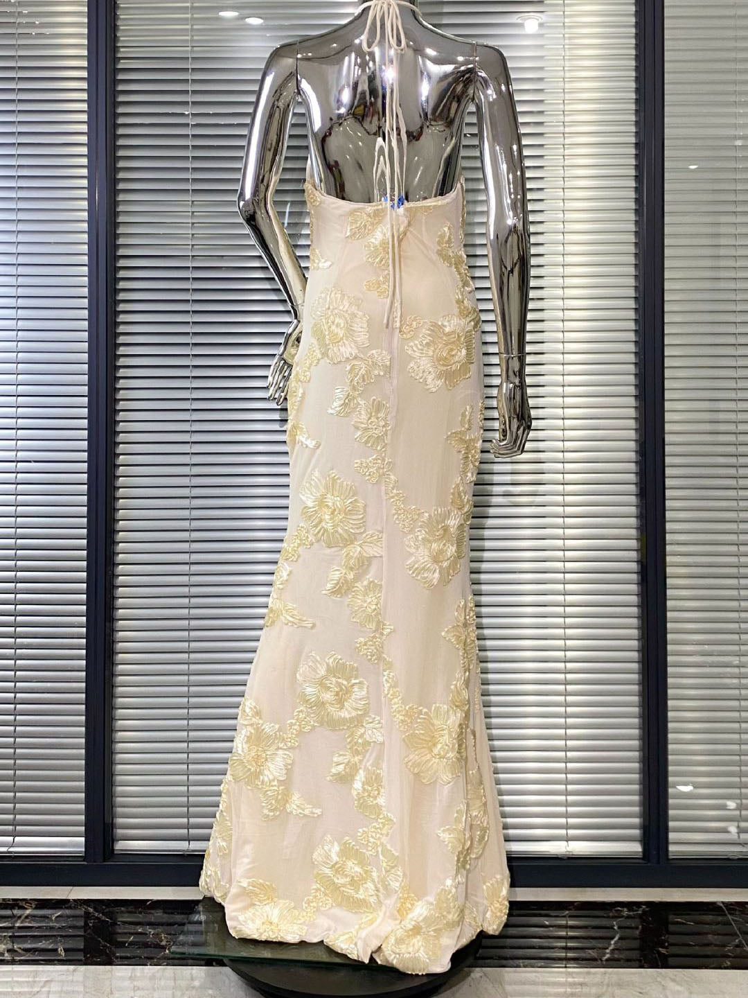 Cream Floral  Halter Neck Mermaid Gown NorixaFashion.com