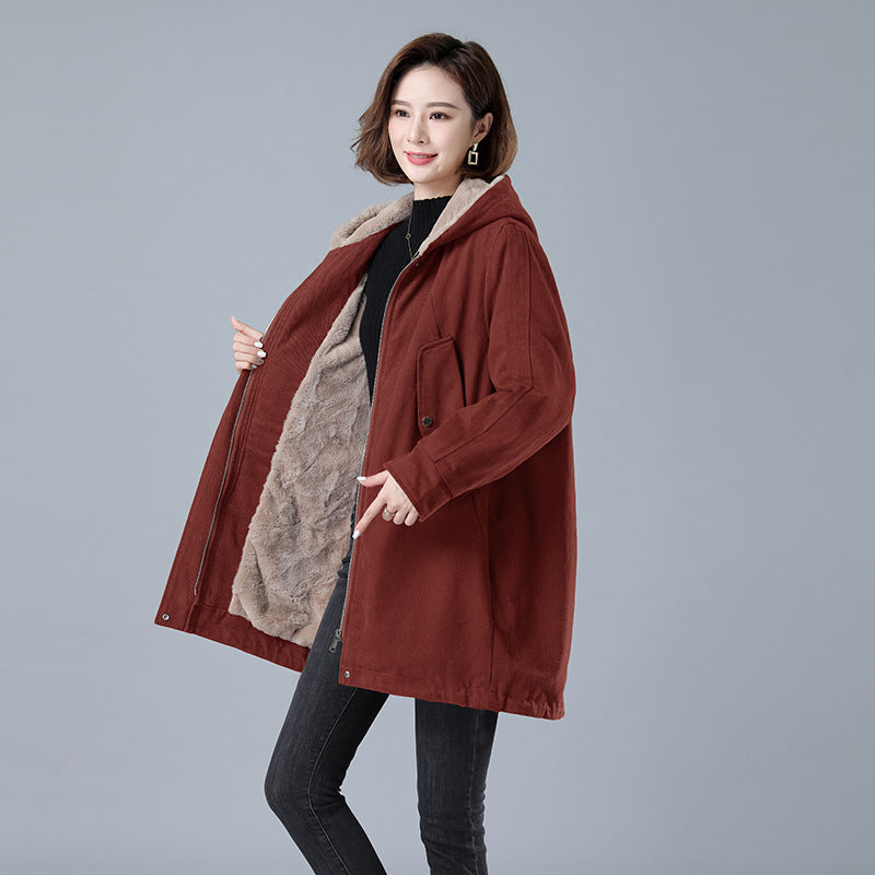 Fleece-lined Thick Hooded Parka Mid-length Long Sleeve Zipper LadyShow.Store