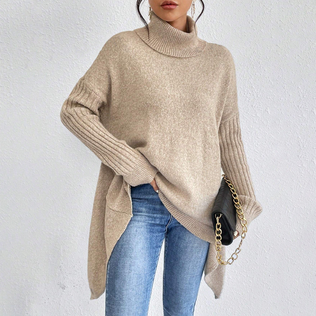Irregular Turtleneck Sweater Winter Loose Long Sleeve Knitted Tops Leisure Warm Pullover Sweater Women's Clothing LadyShow.Store