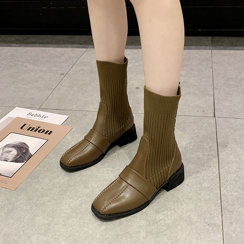 British Style Square Toe Mid-tube Knitted Martin Boots Women LadyShow.Store
