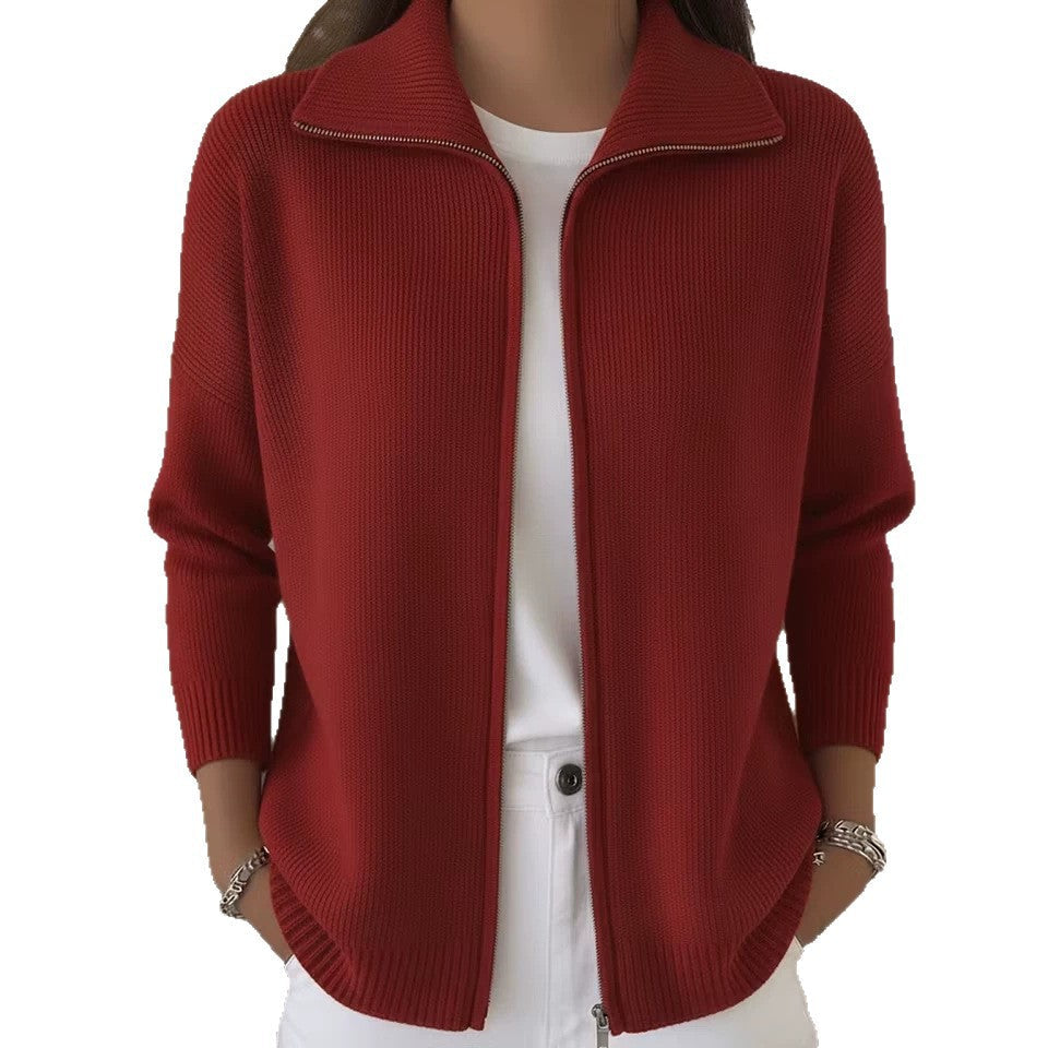 Zip-up Knitted Polo-neck Sweater Cardigan Coat NorixaFashion.com