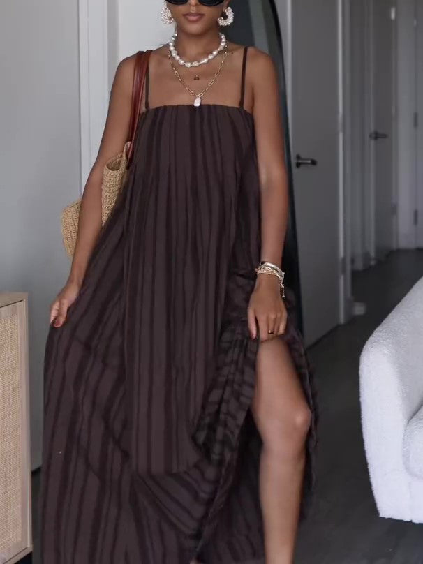 Brown Striped Suspender Pocket Loose Dress NorixaFashion.com